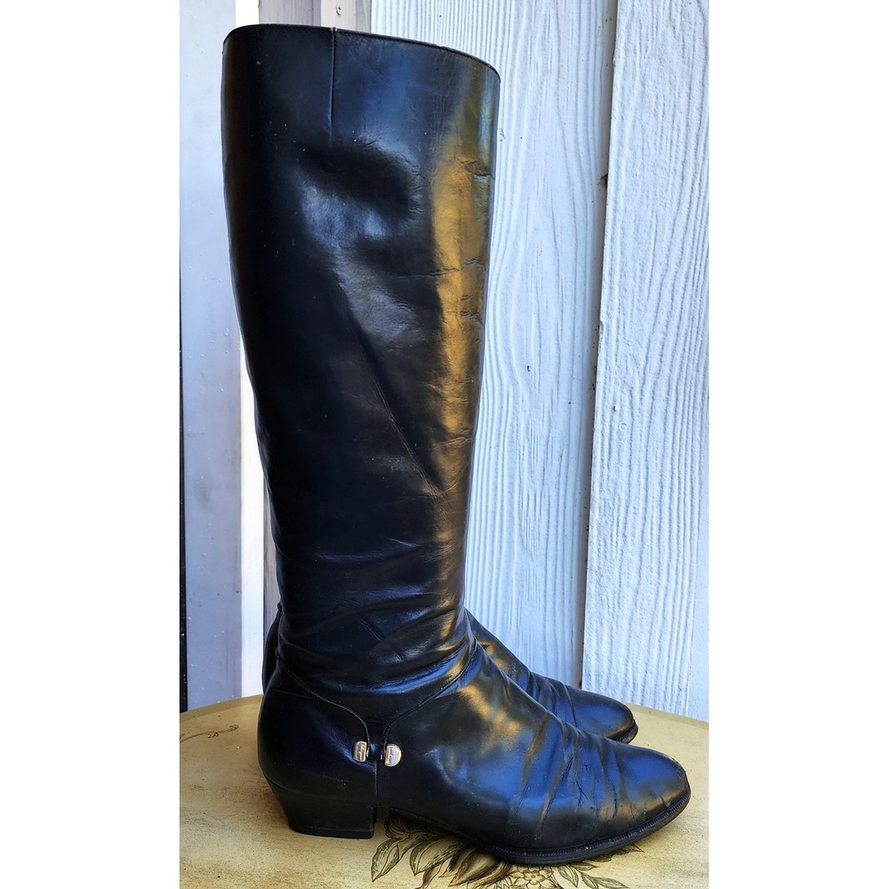 Vintage Salvatore Ferragamo Sz 7 Black Leather Riding Boots Made in Italy Preppy